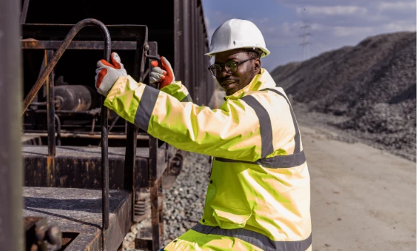 Workers in safety gear at a mining site